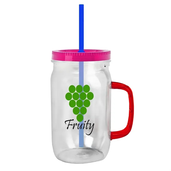 27 oz Mason Jar with Handle, straw and screw-on lid. Measurements... from ASI 40480 Koozie Group