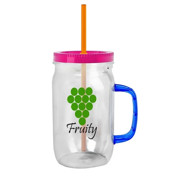 27 oz Mason Jar with Handle, straw and screw-on lid. Measurements... from ASI 40480 Koozie Group