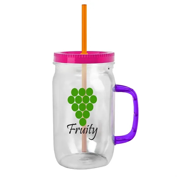 27 oz Mason Jar with Handle, straw and screw-on lid. Measurements... from ASI 40480 Koozie Group