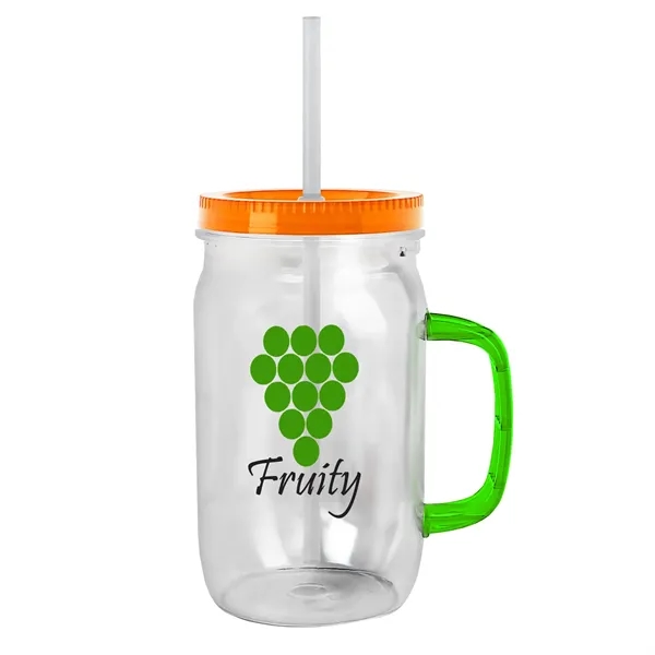 27 oz Mason Jar with Handle, straw and screw-on lid. Measurements... from ASI 40480 Koozie Group
