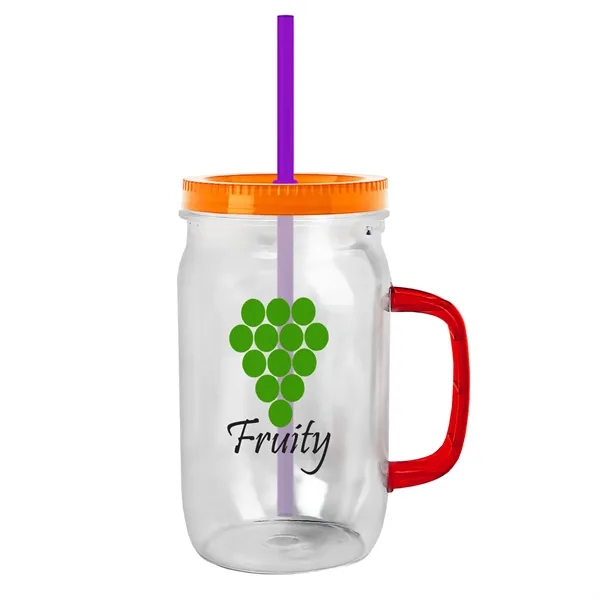 27 oz Mason Jar with Handle, straw and screw-on lid. Measurements... from ASI 40480 Koozie Group