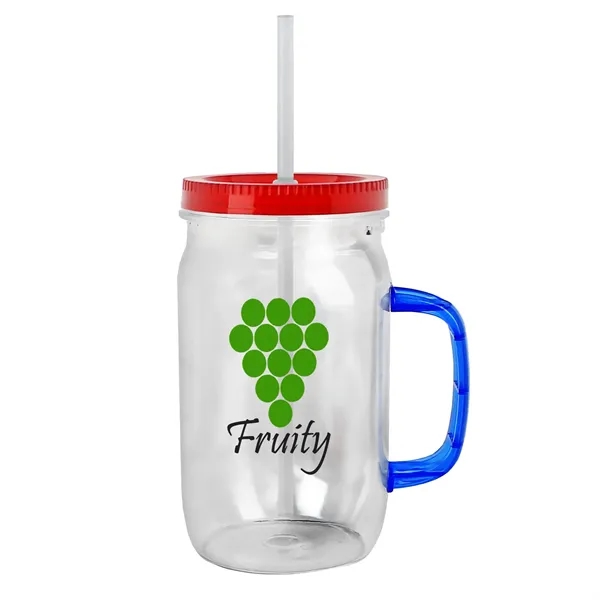 27 oz Mason Jar with Handle, straw and screw-on lid. Measurements... from ASI 40480 Koozie Group