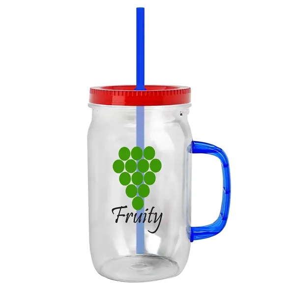 27 oz Mason Jar with Handle, straw and screw-on lid. Measurements... from ASI 40480 Koozie Group