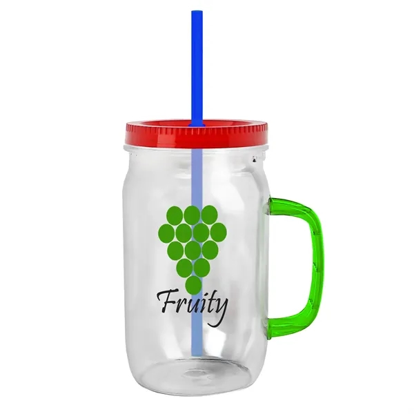 27 oz Mason Jar with Handle, straw and screw-on lid. Measurements... from ASI 40480 Koozie Group