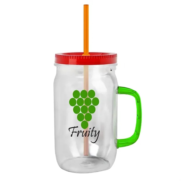 27 oz Mason Jar with Handle, straw and screw-on lid. Measurements... from ASI 40480 Koozie Group