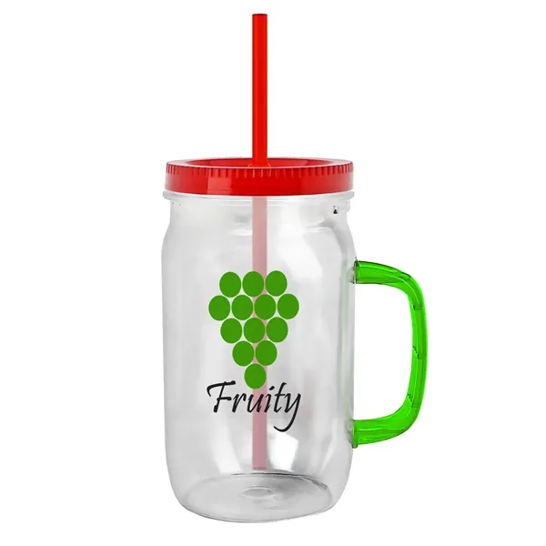27 oz Mason Jar with Handle, straw and screw-on lid. Measurements... from ASI 40480 Koozie Group