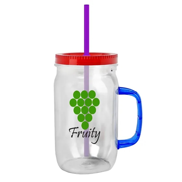 27 oz Mason Jar with Handle, straw and screw-on lid. Measurements... from ASI 40480 Koozie Group