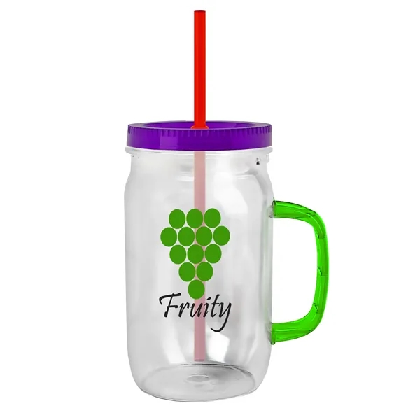 27 oz Mason Jar with Handle, straw and screw-on lid. Measurements... from ASI 40480 Koozie Group