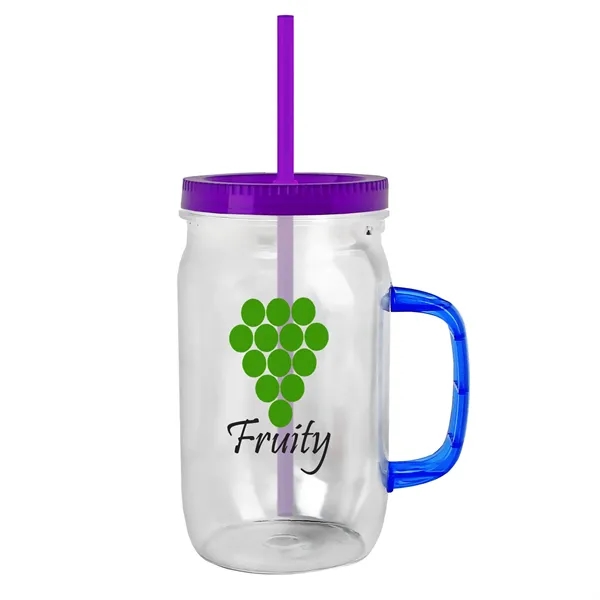27 oz Mason Jar with Handle, straw and screw-on lid. Measurements... from ASI 40480 Koozie Group
