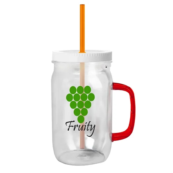 27 oz Mason Jar with Handle, straw and screw-on lid. Measurements... from ASI 40480 Koozie Group