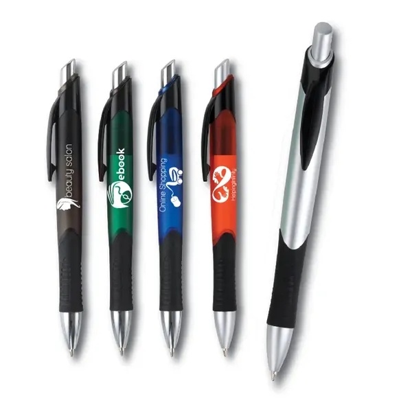 Smart looking translucent click pen with a black rubber grip... from ASI 83770 Royal Industries / The Royal Line