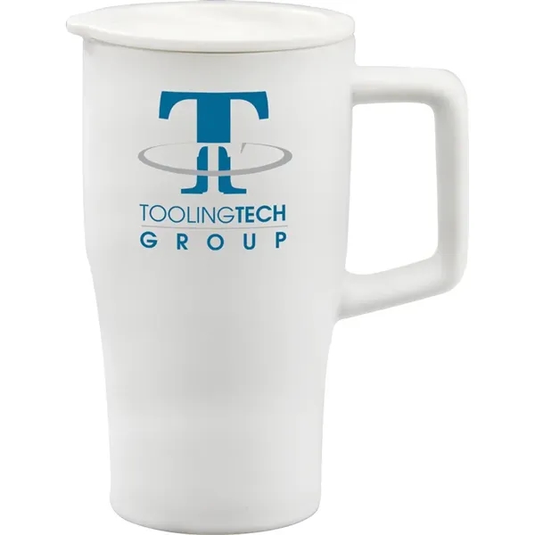 Sleek ceramic retro shape travel tumbler with color-coordinated plastic, push-on, thumb-slide... from ASI 71920 Moderne Glass Company Inc