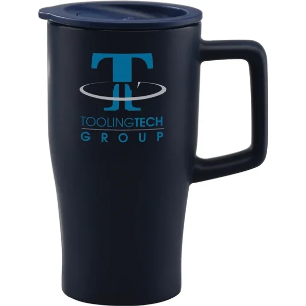 Sleek ceramic retro shape travel tumbler with color-coordinated plastic, push-on, thumb-slide... from ASI 71920 Moderne Glass Company Inc