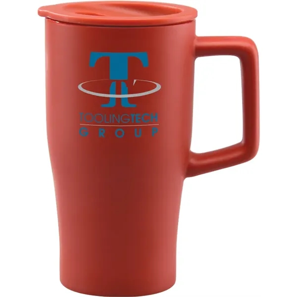 Sleek ceramic retro shape travel tumbler with color-coordinated plastic, push-on, thumb-slide... from ASI 71920 Moderne Glass Company Inc