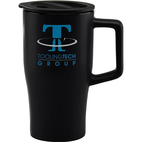 Sleek ceramic retro shape travel tumbler with color-coordinated plastic, push-on, thumb-slide... from ASI 71920 Moderne Glass Company Inc