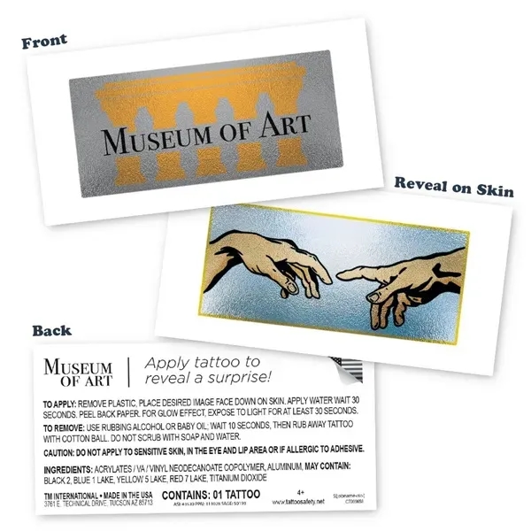2" x 2" reveal temporary tattoos print CMYK, with 1-color imprint... from ASI 43530 California Tattoos