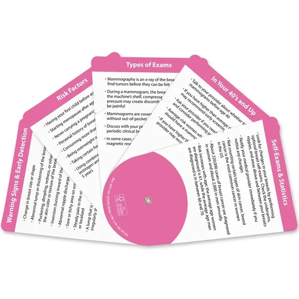 This folding fan highlights breast cancer risk factors, exam types, self-exams,... from ASI 54100 Fields Manufacturing Inc
