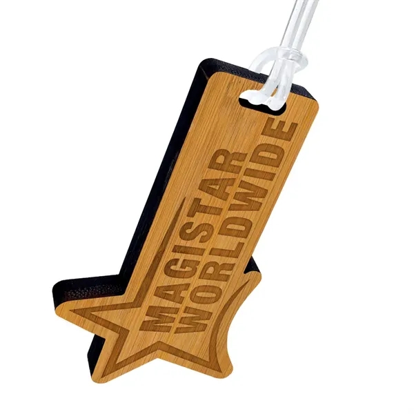 Custom shaped laser etched bamboo bag tag that measures 5/16" thick.... from ASI 72521 Morris Magnets / Laser Cuts