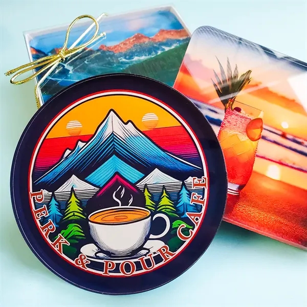 Coaster gift set that includes 2 acrylic coasters with cork back.... from ASI 72521 Morris Magnets / Laser Cuts
