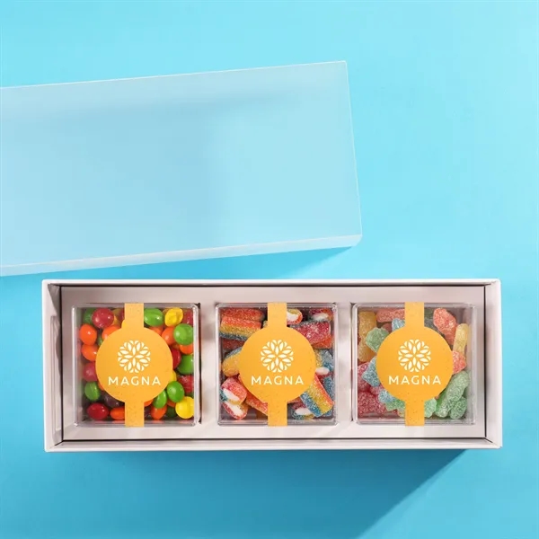 Three clear cubes filled with deluxe candy and packaged in a... from ASI 61966 HPG / SugarSpot