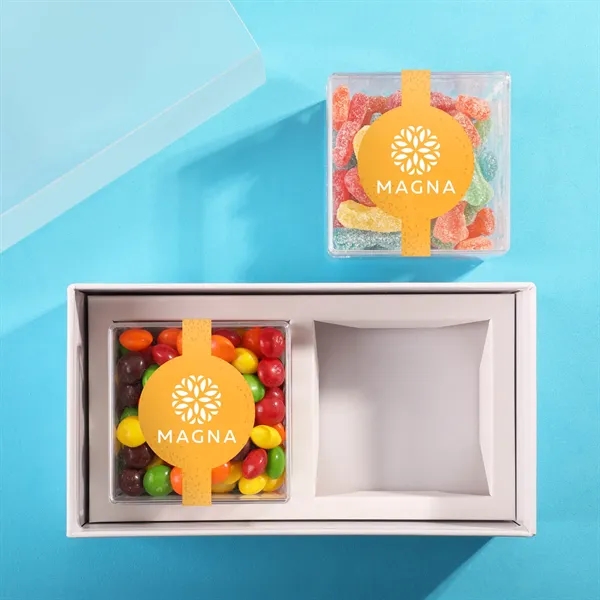 Two clear cubes filled with deluxe candy and packaged in a... from ASI 61966 HPG / SugarSpot