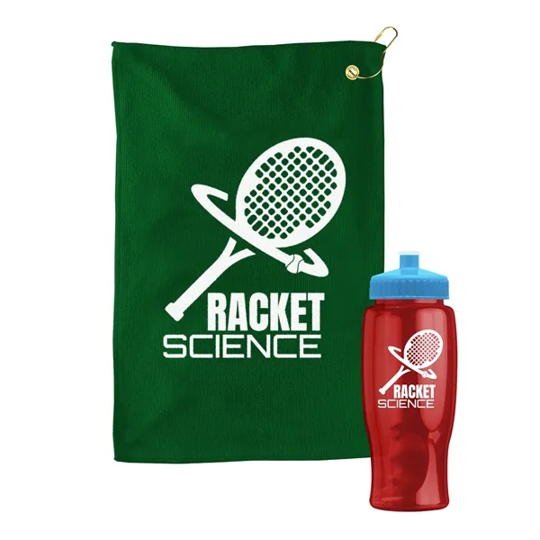 27 oz. Poly-pure transparent bottle with microfiber golf towel. Towel is... from ASI 40480 Koozie Group