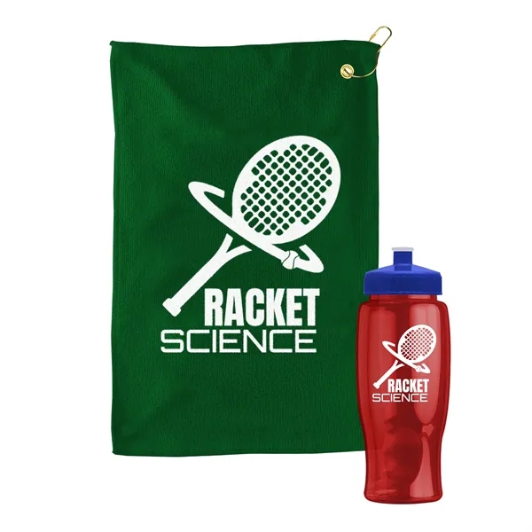 27 oz. Poly-pure transparent bottle with microfiber golf towel. Towel is... from ASI 40480 Koozie Group
