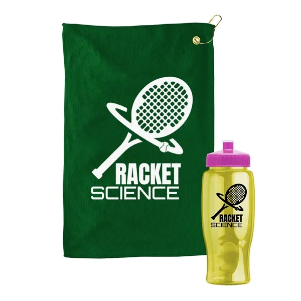 27 oz. Poly-pure transparent bottle with microfiber golf towel. Towel is... from ASI 40480 Koozie Group