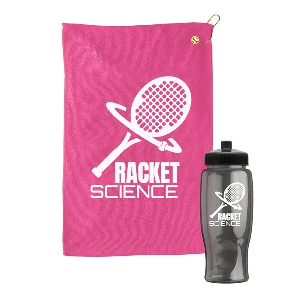27 oz. Poly-pure transparent bottle with microfiber golf towel. Towel is... from ASI 40480 Koozie Group