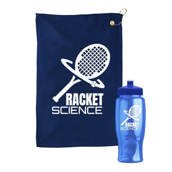 27 oz. Poly-pure transparent bottle with microfiber golf towel. Towel is... from ASI 40480 Koozie Group