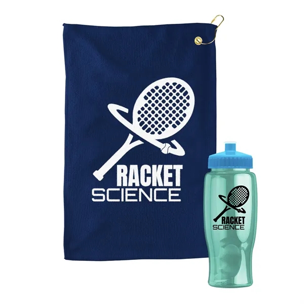 27 oz. Poly-pure transparent bottle with microfiber golf towel. Towel is... from ASI 40480 Koozie Group