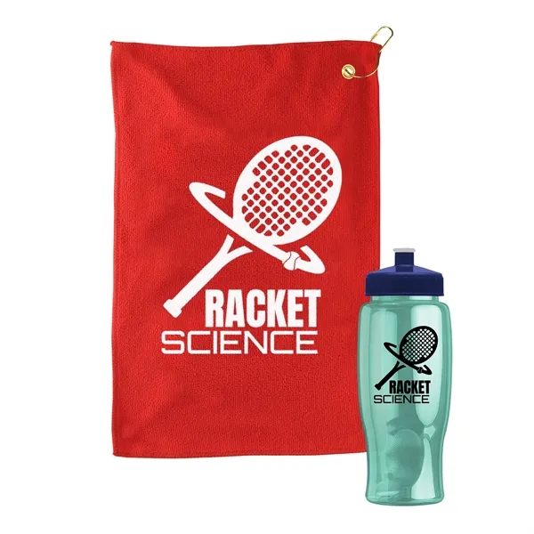 27 oz. Poly-pure transparent bottle with microfiber golf towel. Towel is... from ASI 40480 Koozie Group