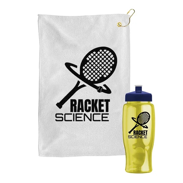 27 oz. Poly-pure transparent bottle with microfiber golf towel. Towel is... from ASI 40480 Koozie Group