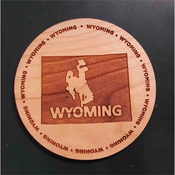 3.5" round wooden coasters with State of Wyoming shape in the... from ASI 92531 Unique Custom Products / UCP