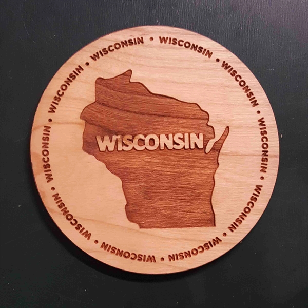 3.5" round wooden coasters with State of Wisconsin shape in the... from ASI 92531 Unique Custom Products / UCP