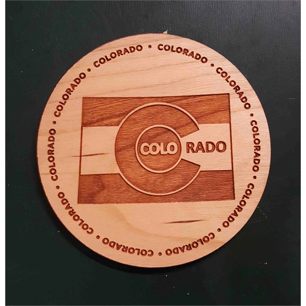 3.5" round wooden coasters with State of Colorado shape in the... from ASI 92531 Unique Custom Products / UCP