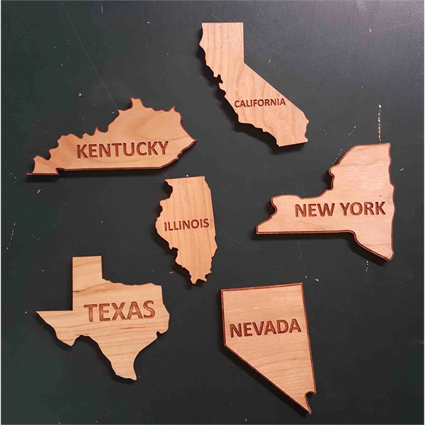 2" state shaped hardwood magnets; USA-made product with laser engraving.... from ASI 92531 Unique Custom Products / UCP
