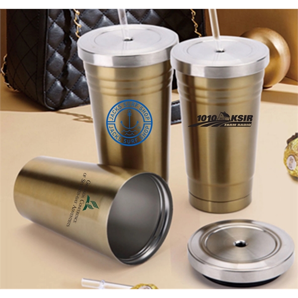 16 Oz. Double wall stainless steel gold color tumbler/w straw.... from ASI 36988 Artek USA Inc