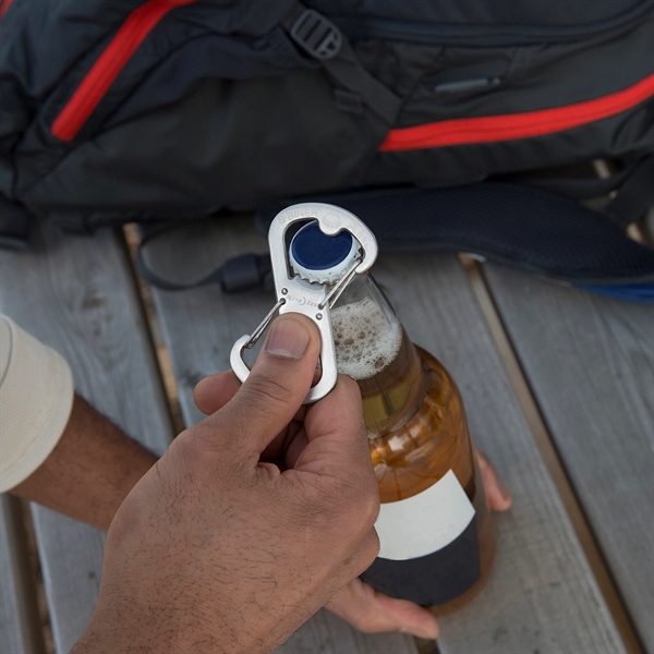 Stainless steel carabiner with gates on both sides and bottle openers... from ASI 46170 Compass Industries Inc