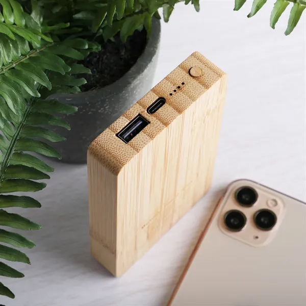 Bamboo power bank with 5000mAh capacity and illuminated logo keeps your... from ASI 61966 HPG / OrigAudio HPG Gold