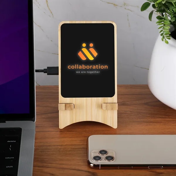 Bamboo wireless charging stand with illuminated logo delivers 15W fast charging... from ASI 61966 HPG / OrigAudio HPG Gold