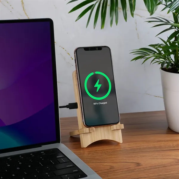 Bamboo wireless charging stand with illuminated logo delivers 15W fast charging... from ASI 61966 HPG / OrigAudio HPG Gold