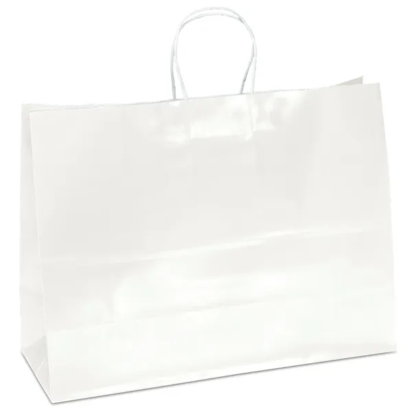 Glossy finish paper bag, with a serrated cut top. Twisted paper... from ASI 37940 Bag Makers Inc