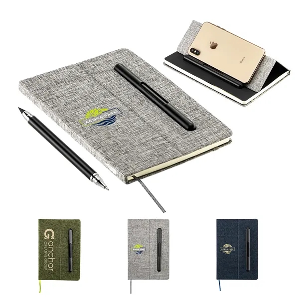 Hardcover Journal with Built-In Phone Stand and Pen... from ASI 36730 Ariel Premium Supply Inc