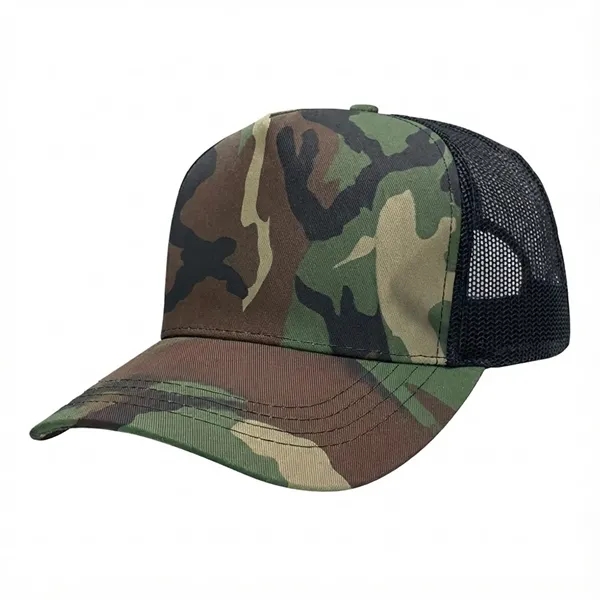 Order Custom High Crown Trucker, Velcro Strap, Woodland Camo/Mesh Baseball Caps... from ASI 73775 Unionwear