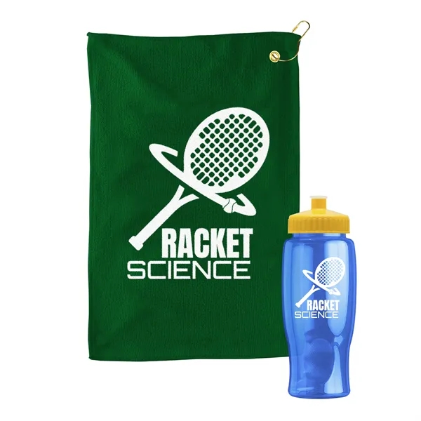 27 oz. Poly-pure transparent bottle with microfiber golf towel. Towel is... from ASI 40480 Koozie Group
