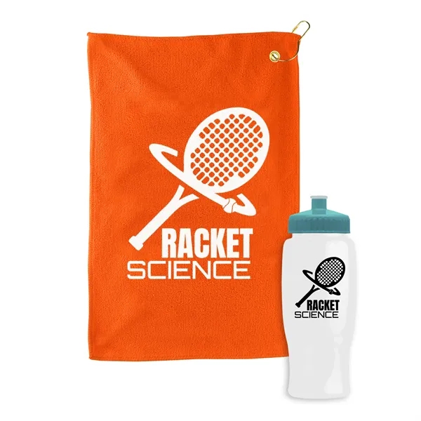27 oz. Poly-pure transparent bottle with microfiber golf towel. Towel is... from ASI 40480 Koozie Group