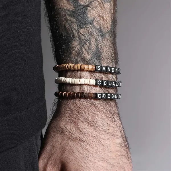 Friendship bracelets made from repurposed coconut shells with 4 sand-tone beads... from ASI 61966 HPG / BCG Creations HPG Gold