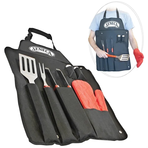7 pc BBQ apron set. Spatula, fork, tongs, oven mitt, salt... from ASI 30112 ACE Products / Ace Line