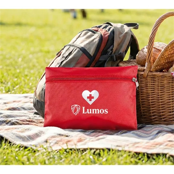 A compact red first aid kit with essential supplies, perfect for... from ASI 72657 Active Life Promo / Active Life